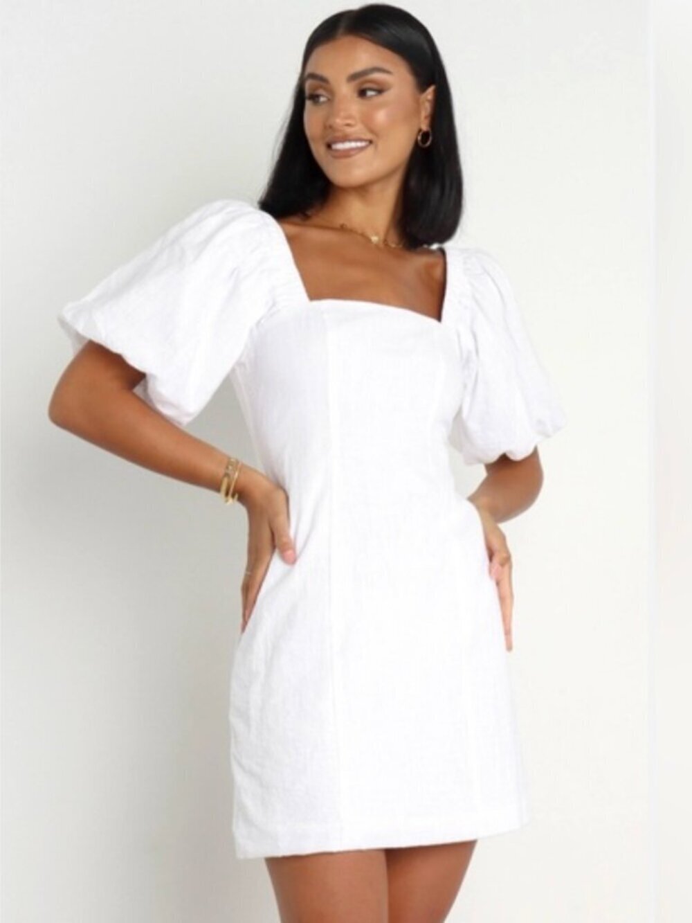 SNDYS Everyday White Puff-Sleeve Square Neck Cotton Mini Dress Large